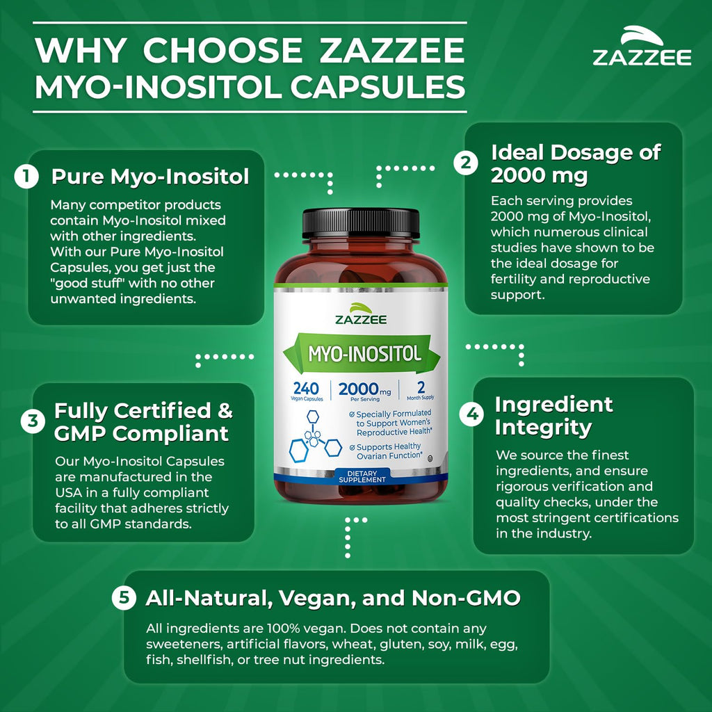 Zazzee Myo-Inositol Capsules - 2000 mg per Serving, 240 Vegetarian Capsules, 40:1 Ratio for Hormone Balance & Ovarian Support