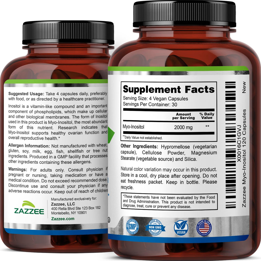Zazzee Myo-Inositol Capsules — 2000 mg per Serving, 120 Vegan Capsules, 40:1 Ratio, Hormone Balance & Ovarian Support