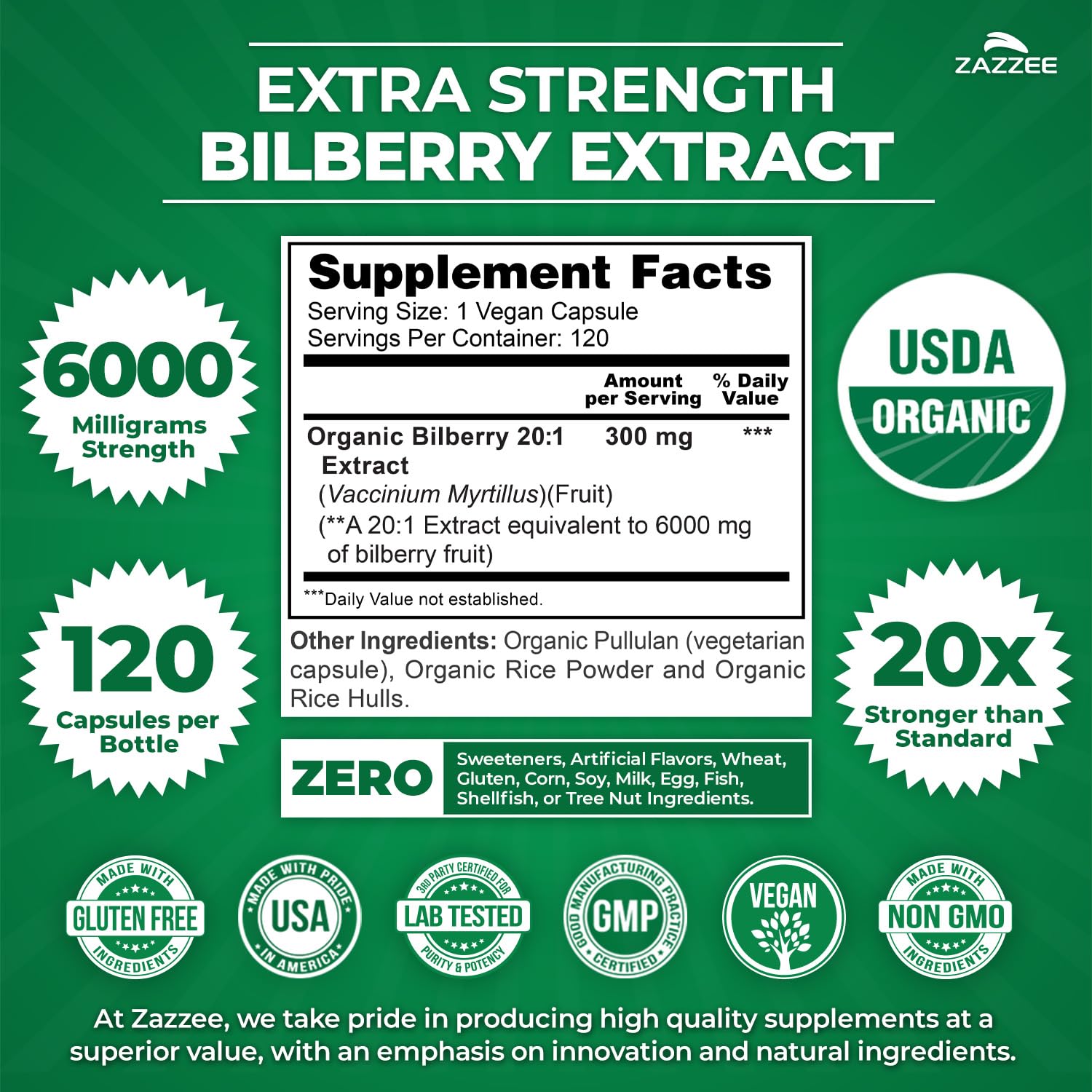 Zazzee USDA Organic Bilberry 20:1 Extract – 6000 mg, 120 Vegan Capsules, 4 Month Supply