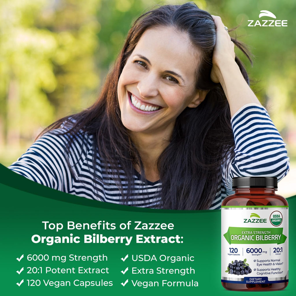 Zazzee USDA Organic Bilberry 20:1 Extract – 6000 mg, 120 Vegan Capsules, 4 Month Supply