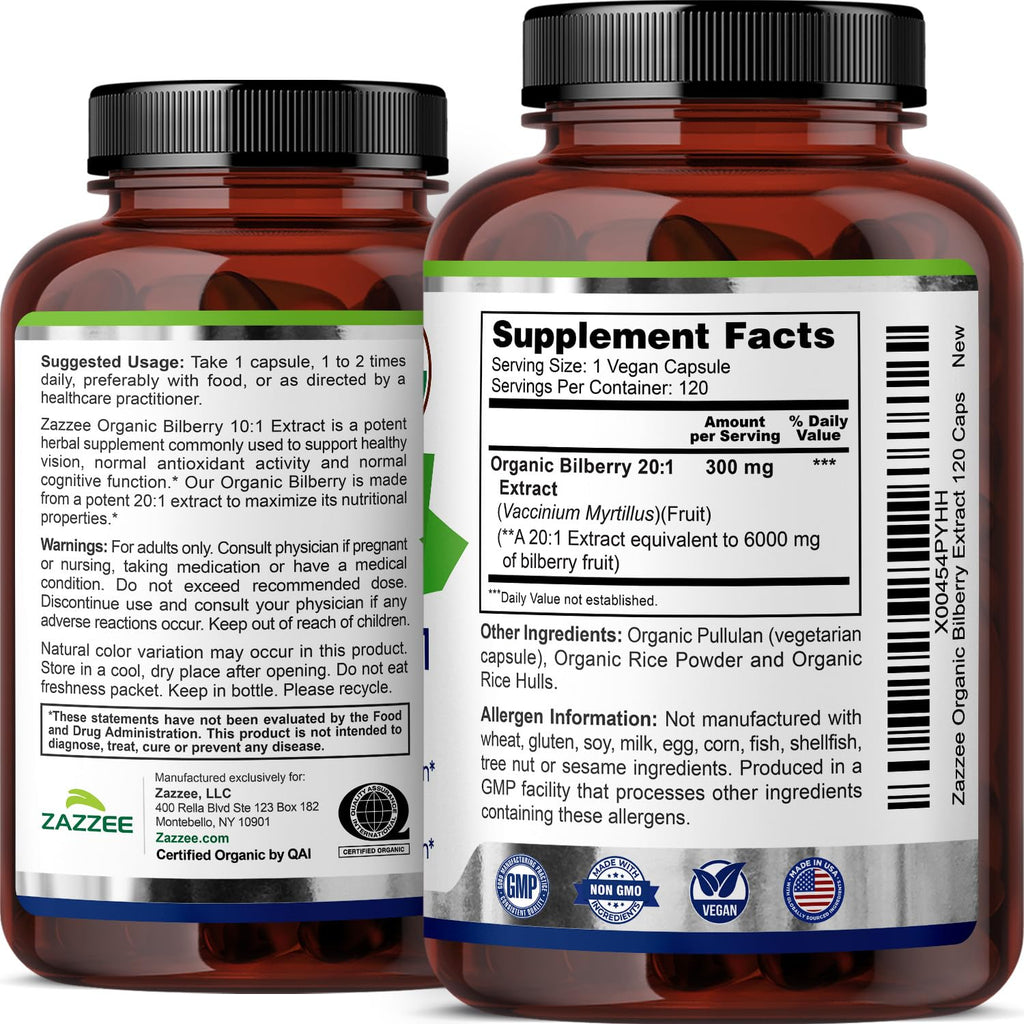 Zazzee USDA Organic Bilberry 20:1 Extract – 6000 mg, 120 Vegan Capsules, 4 Month Supply