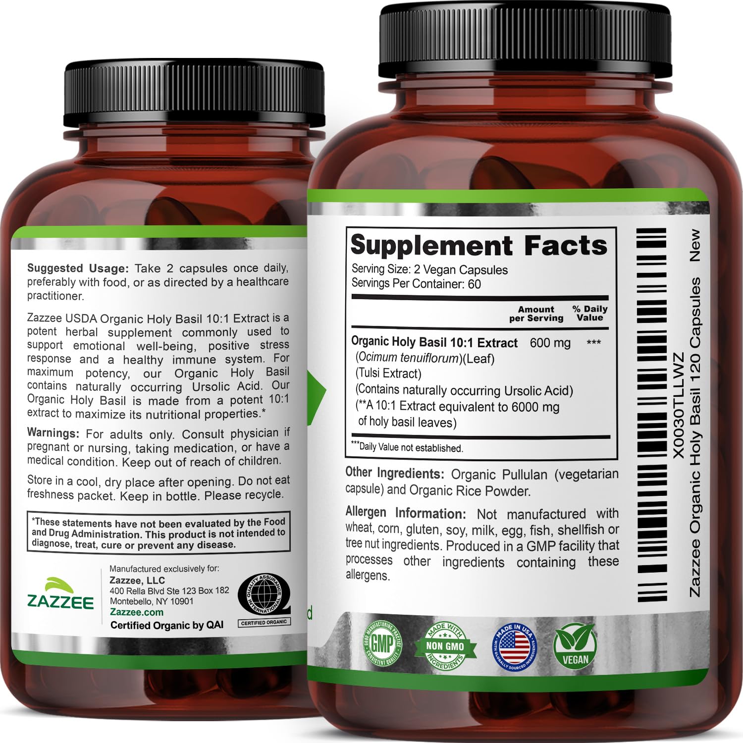 Zazzee Organic Holy Basil 6000 mg | 10:1 Extract, 120 Veg Caps