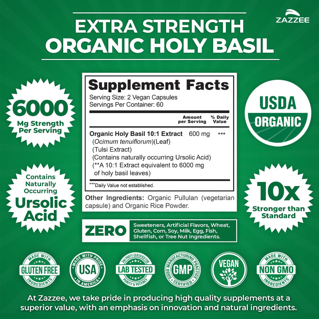 Zazzee Organic Holy Basil 6000 mg | 10:1 Extract, 120 Veg Caps