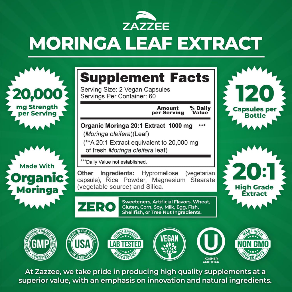 Zazzee Organic Moringa 20:1 Extract – 20,000 mg Strength, 120 Vegan Capsules, USA Made