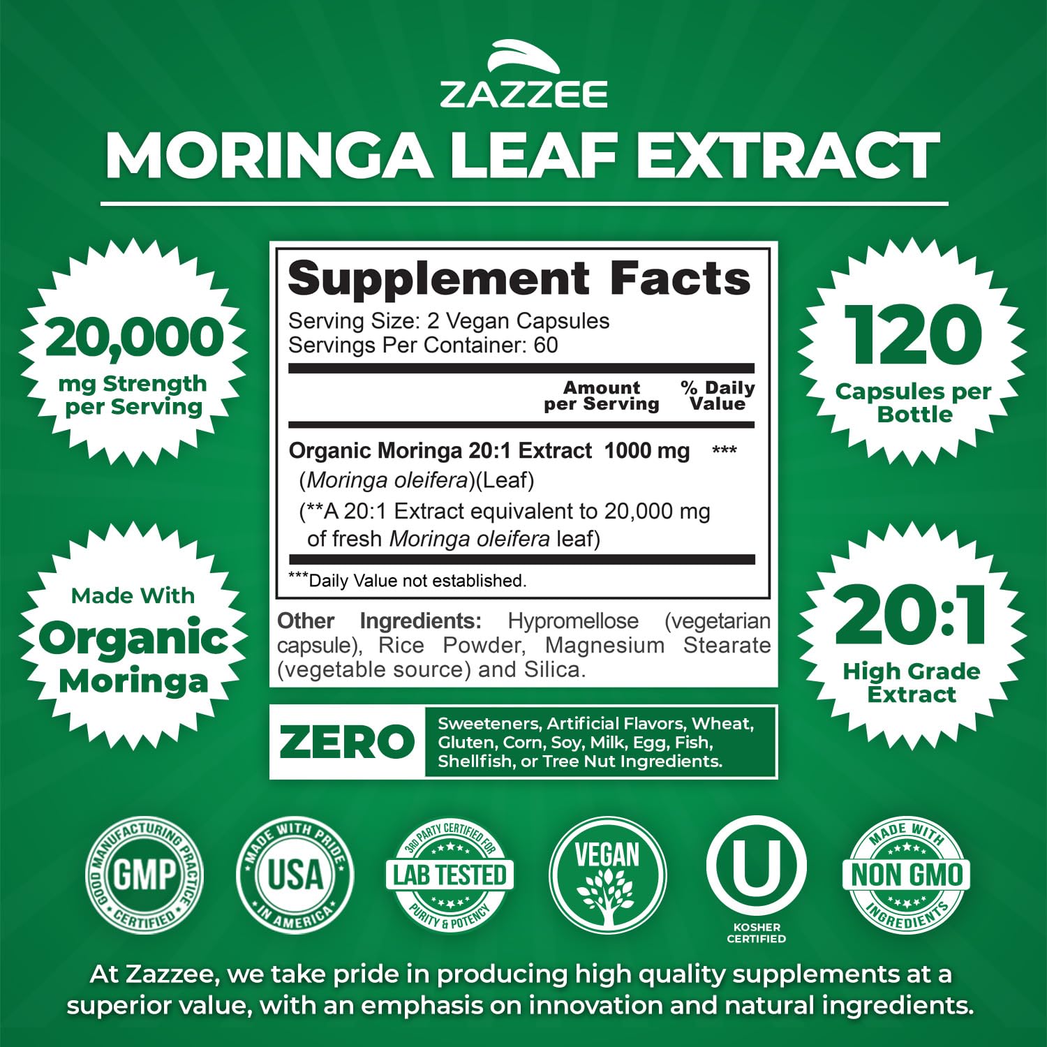 Zazzee Organic Moringa 20:1 Extract – 20,000 mg Strength, 120 Vegan Capsules, USA Made