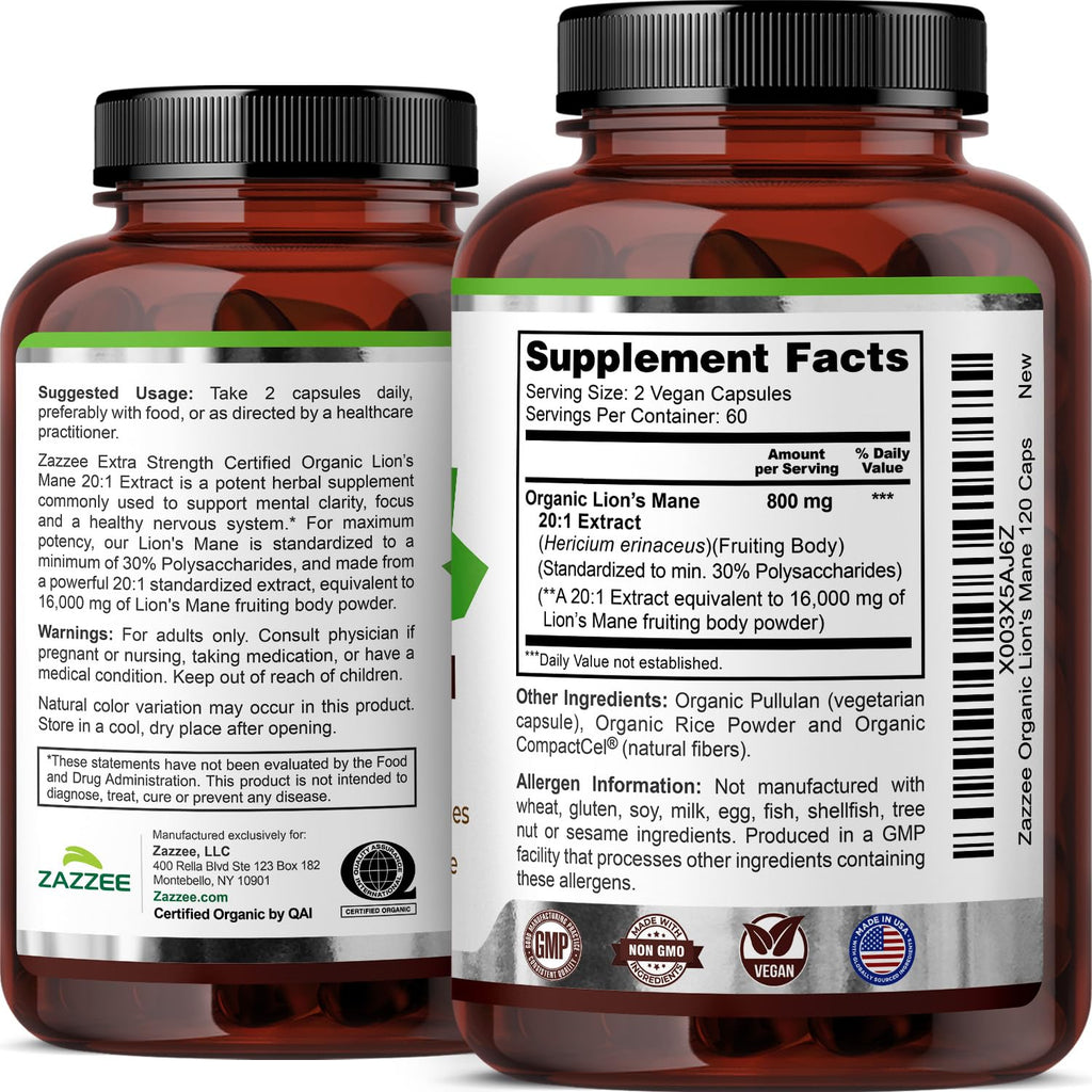 Zazzee USDA Organic Lion's Mane 20:1 Extract – 16,000 mg per Capsule, 120 Vegan Capsules, Made in USA