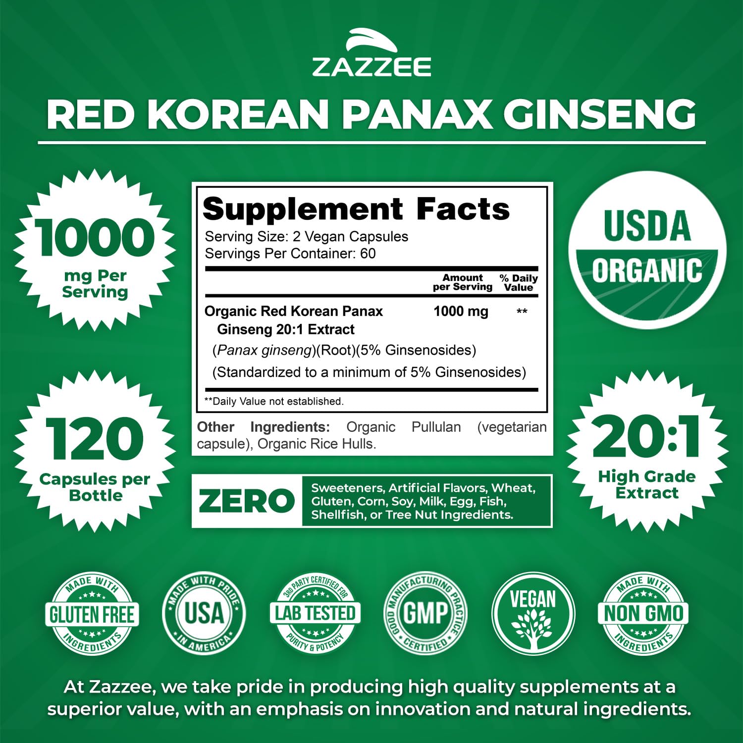 Zazzee USDA Organic Red Korean Panax Ginseng – 20:1 Extract, 1000 mg, 120 Vegan Capsules