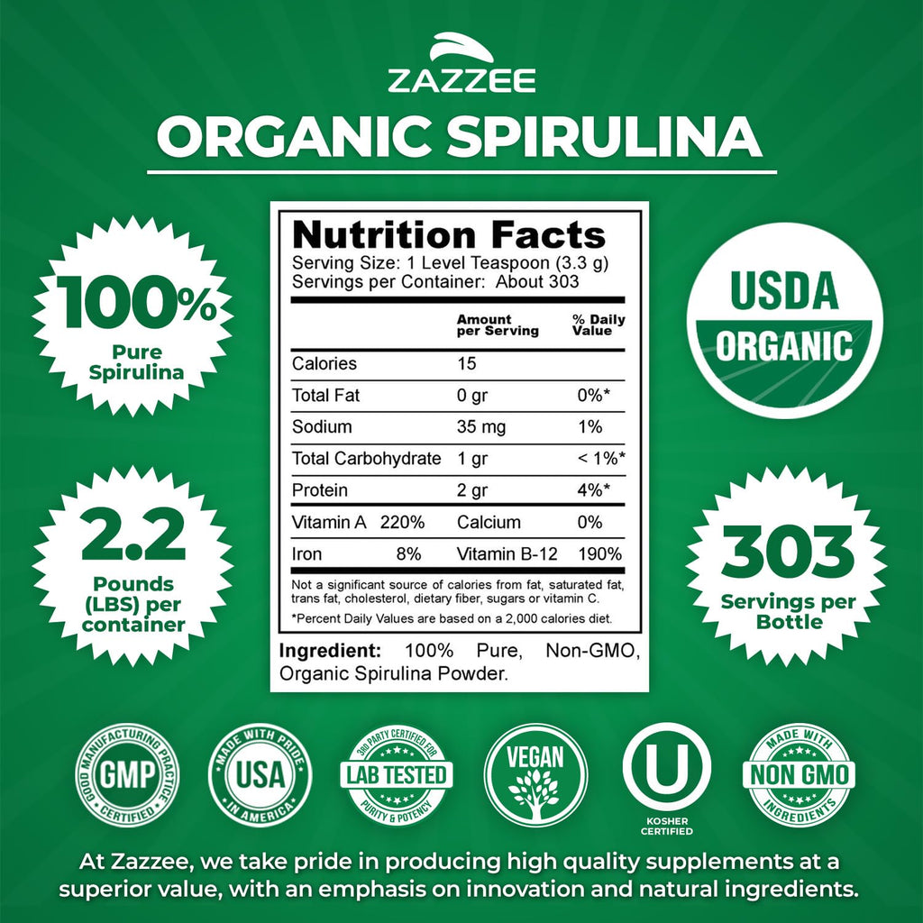 Zazzee Organic Spirulina Powder – 2.2 lb / 1 KG, USDA Certified, 303 Servings, Kosher, Non-GMO, Gluten-Free