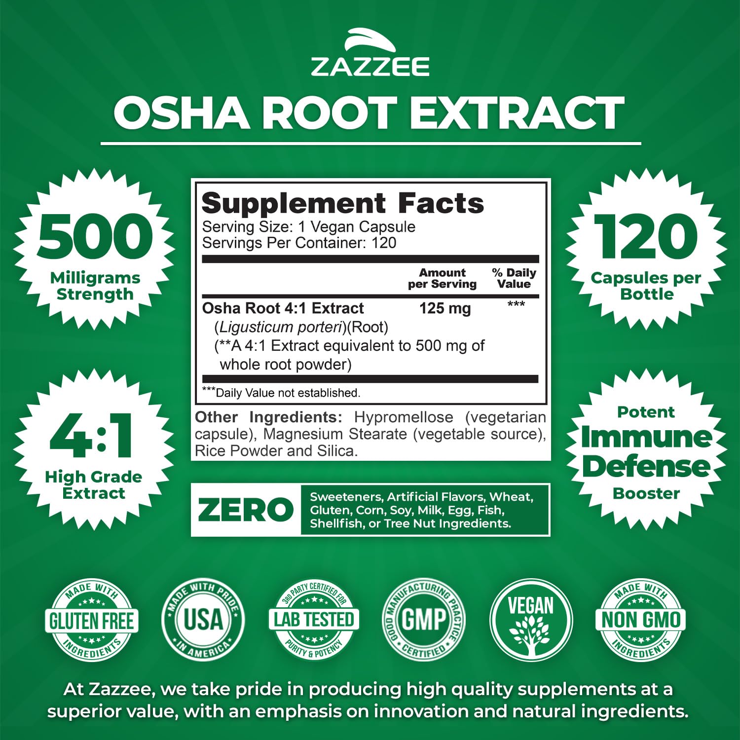 Zazzee OSHA Root 4:1 Extract - 500 mg, 120 Vegan Capsules, 4-Month Supply