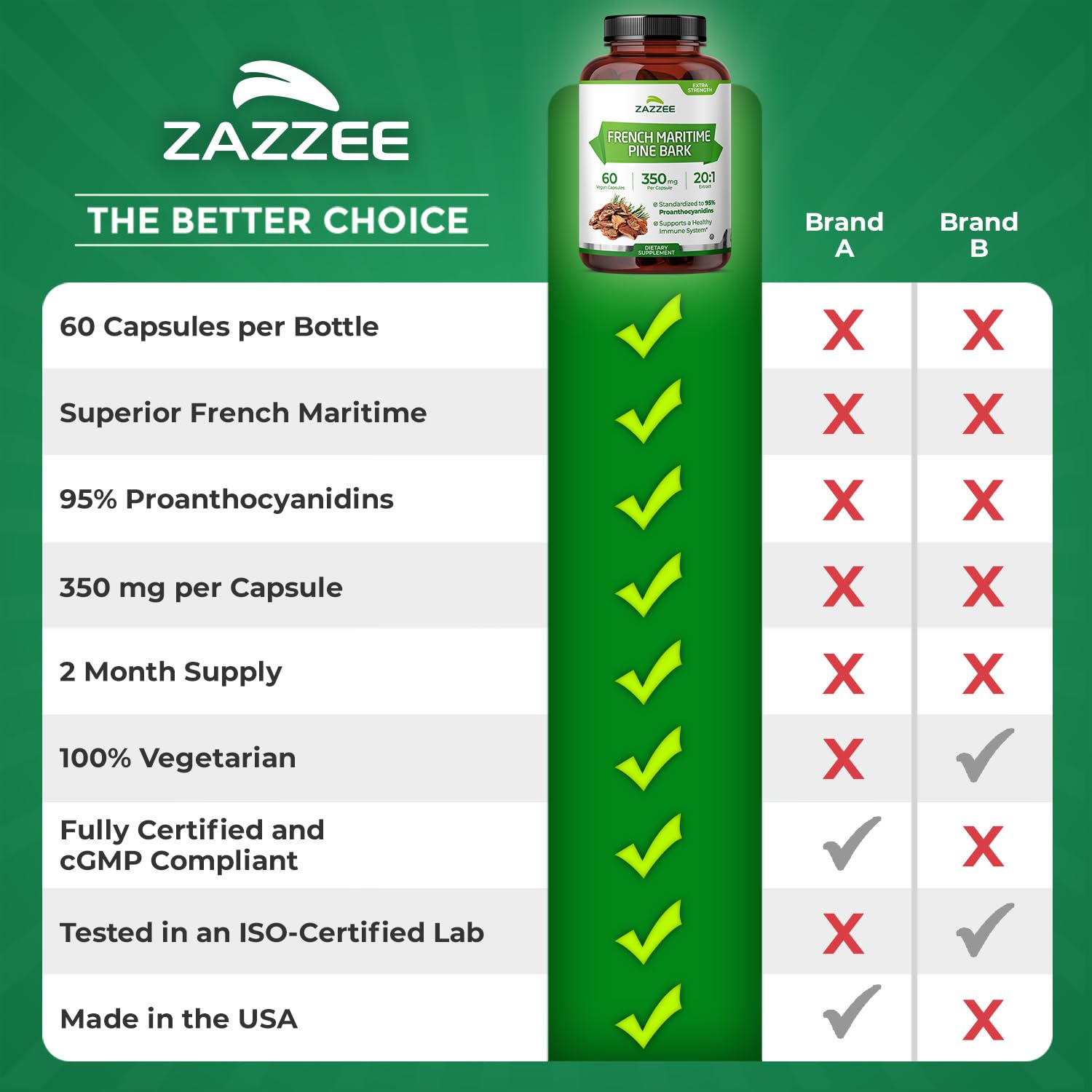 Zazzee French Maritime Pine Bark 350 mg - 60 Vegan Capsules, 95% Proanthocyanidins