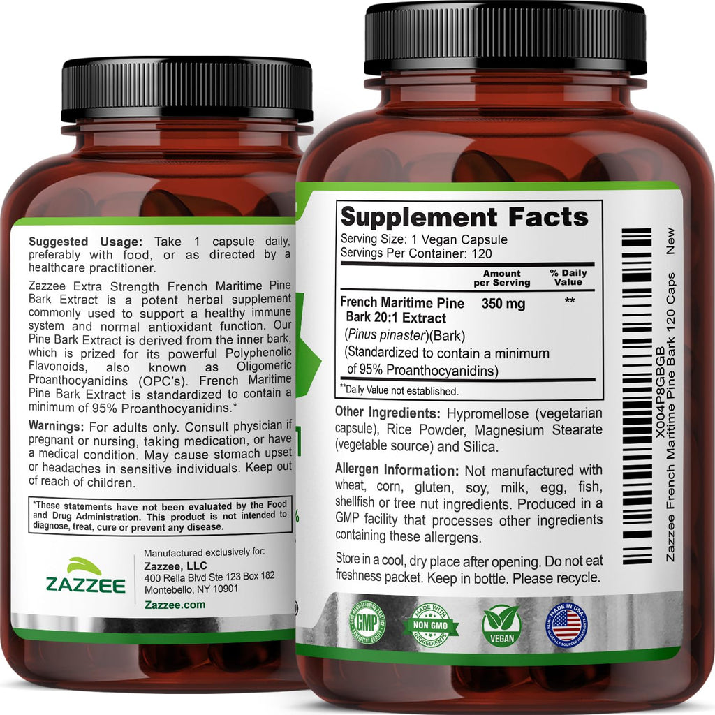 Zazzee Extra Strength French Maritime Pine Bark 20:1 Extract – 350 mg per Capsule, 120 Vegan Capsules, 95% Proanthocyanidins, Made in USA