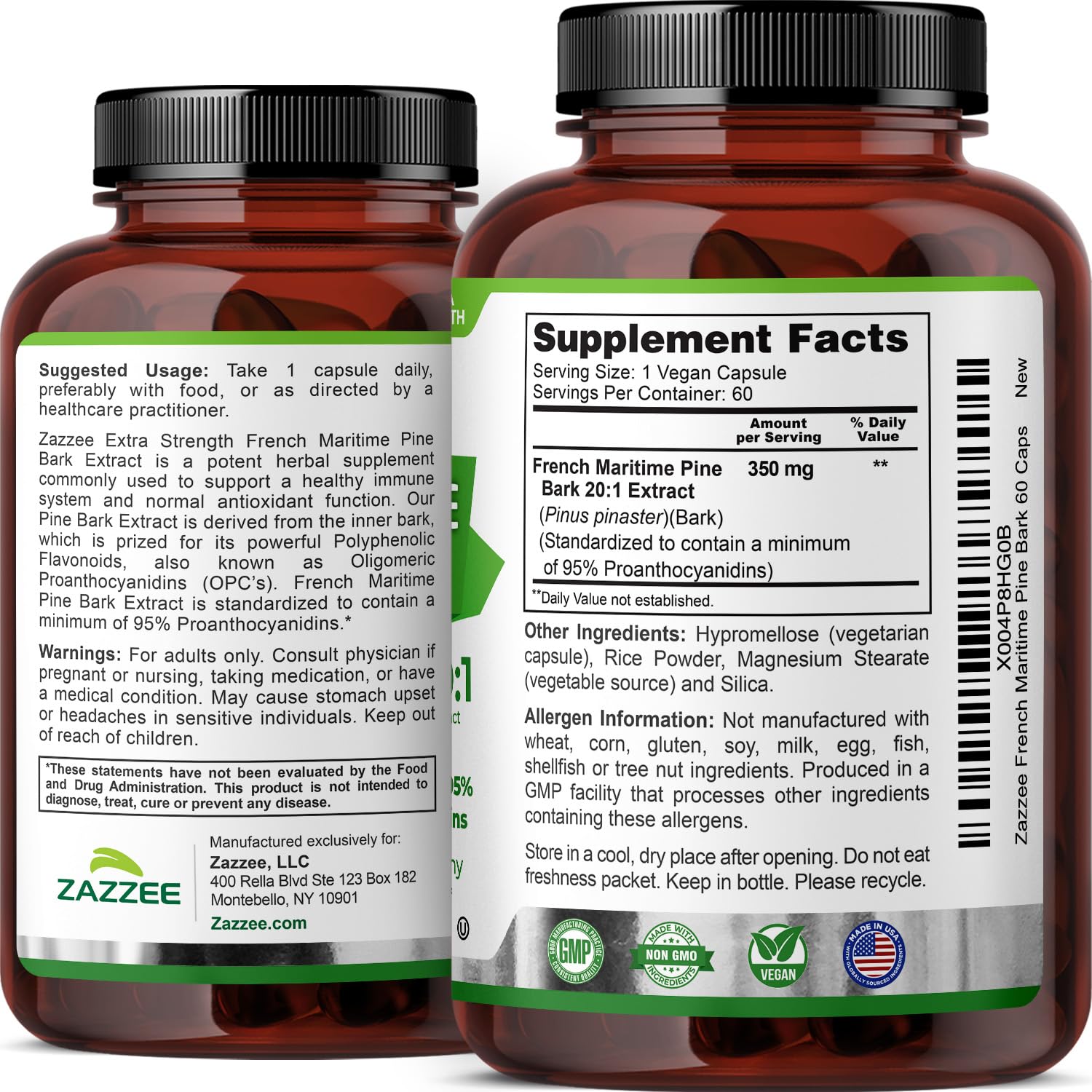 Zazzee French Maritime Pine Bark 350 mg - 60 Vegan Capsules, 95% Proanthocyanidins