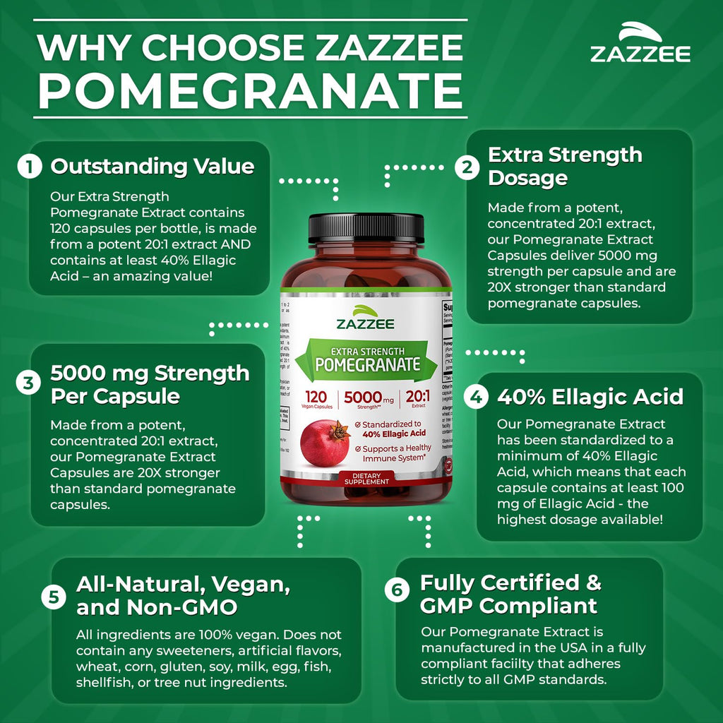 Zazzee Extra Strength Pomegranate 20:1 Extract – 5000 mg, 120 Vegan Capsules