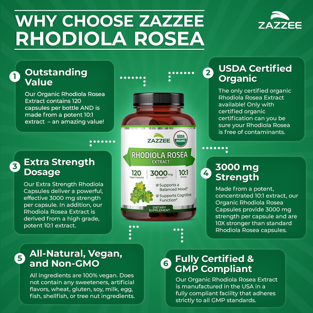 Zazzee USDA Organic Rhodiola 10:1 Extract – 3000 mg, 120 Caps, 4-Month Supply