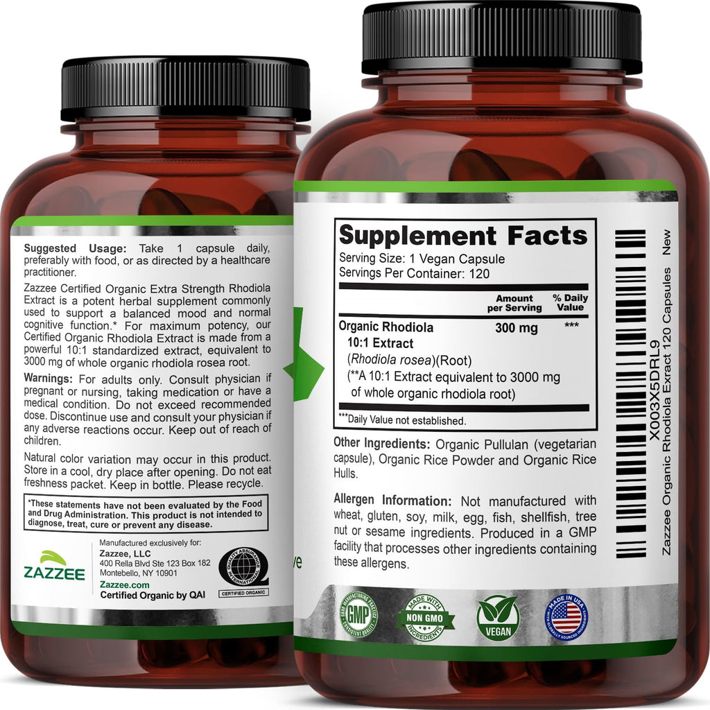 Zazzee USDA Organic Rhodiola 10:1 Extract – 3000 mg, 120 Caps, 4-Month Supply