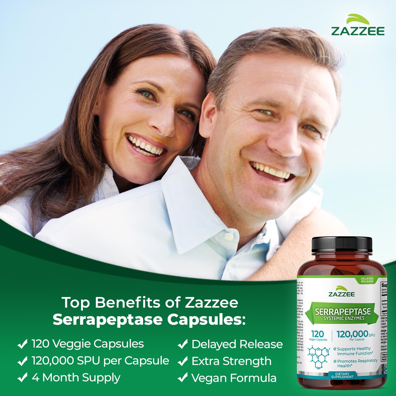 Zazzee Delayed Release Serrapeptase, 120,000 SPU per Capsule, 120 Vegan Capsules, 4-Month Supply, Extra Strength, All-Natural & Non-GMO