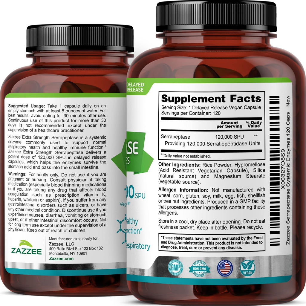 Zazzee Delayed Release Serrapeptase, 120,000 SPU per Capsule, 120 Vegan Capsules, 4-Month Supply, Extra Strength, All-Natural & Non-GMO