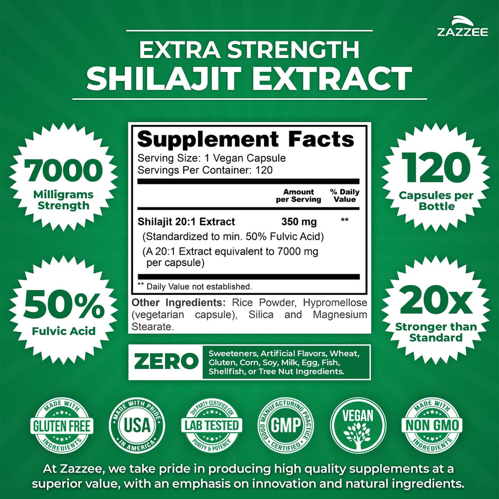 Zazzee Himalayan Shilajit 20:1 Extract – 7000 mg per Capsule, 120 Servings, 50% Fulvic Acid, Vegan, Non-GMO, Made in USA