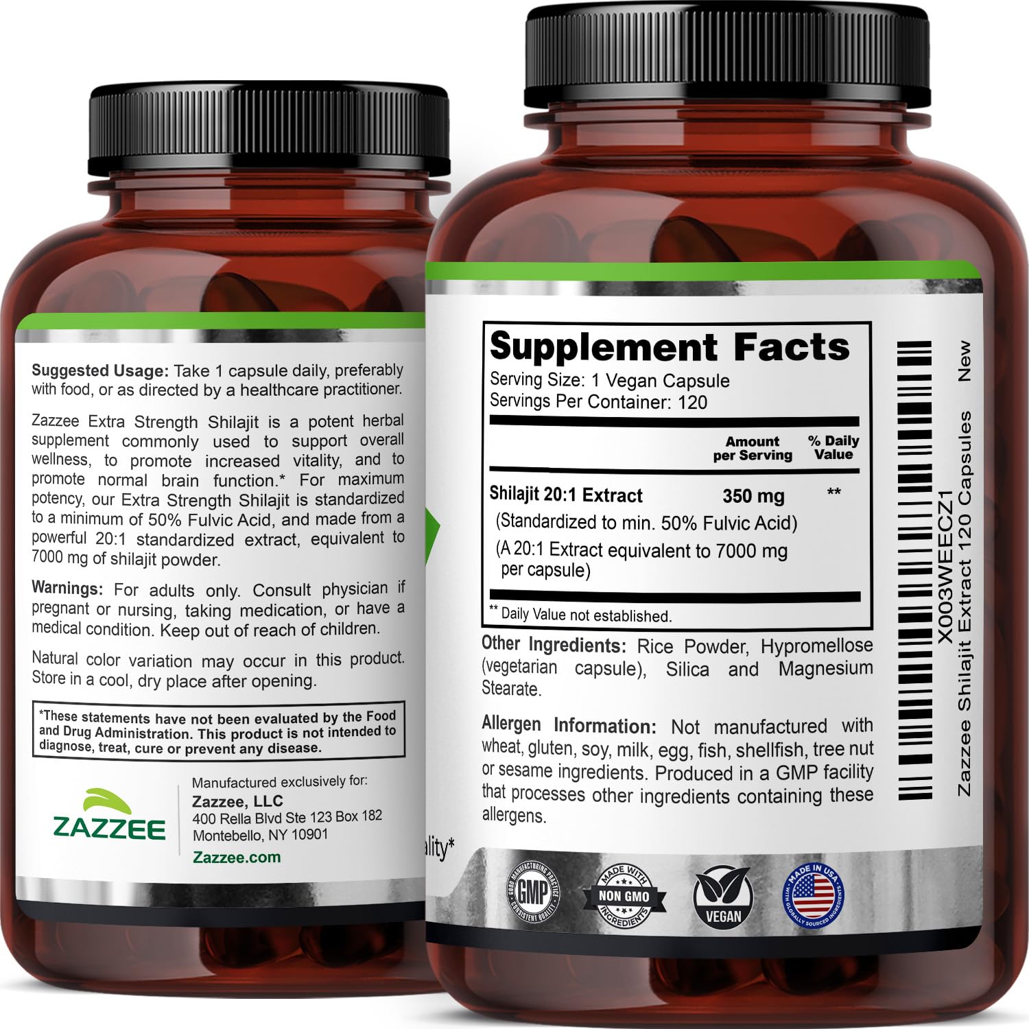 Zazzee Himalayan Shilajit 20:1 Extract – 7000 mg per Capsule, 120 Servings, 50% Fulvic Acid, Vegan, Non-GMO, Made in USA