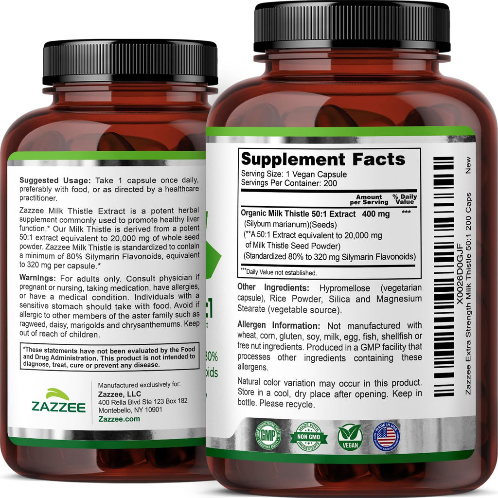 Zazzee Organic Milk Thistle 50:1 Extract – 20,000 mg Strength, 200 Capsules, 80% Silymarin, 6-Month Supply