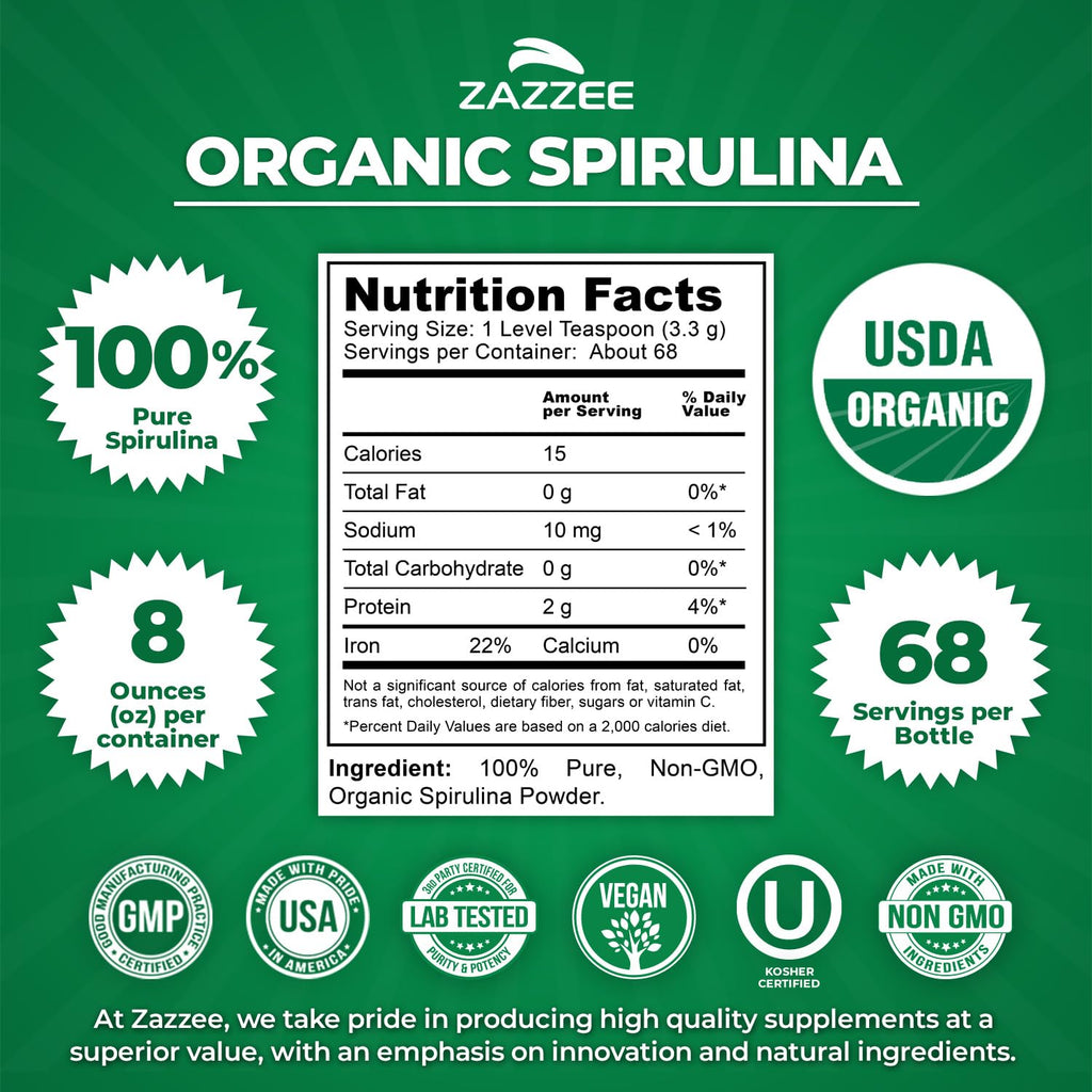 Zazzee Organic Spirulina Powder, 8 Ounces – USDA Certified Organic, 68 Servings