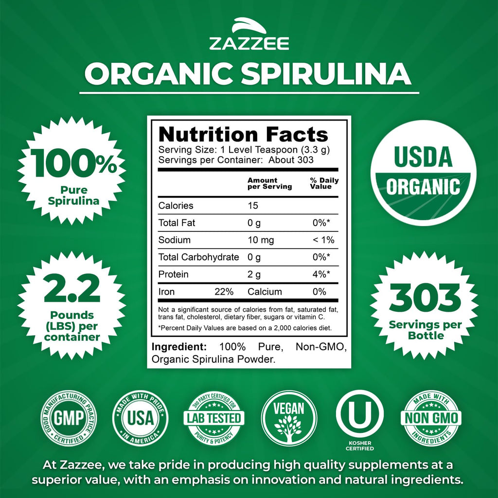 Zazzee Organic Spirulina Powder – 2.2 lb / 1 KG, USDA Certified, 303 Servings, Kosher, Non-GMO, Gluten-Free