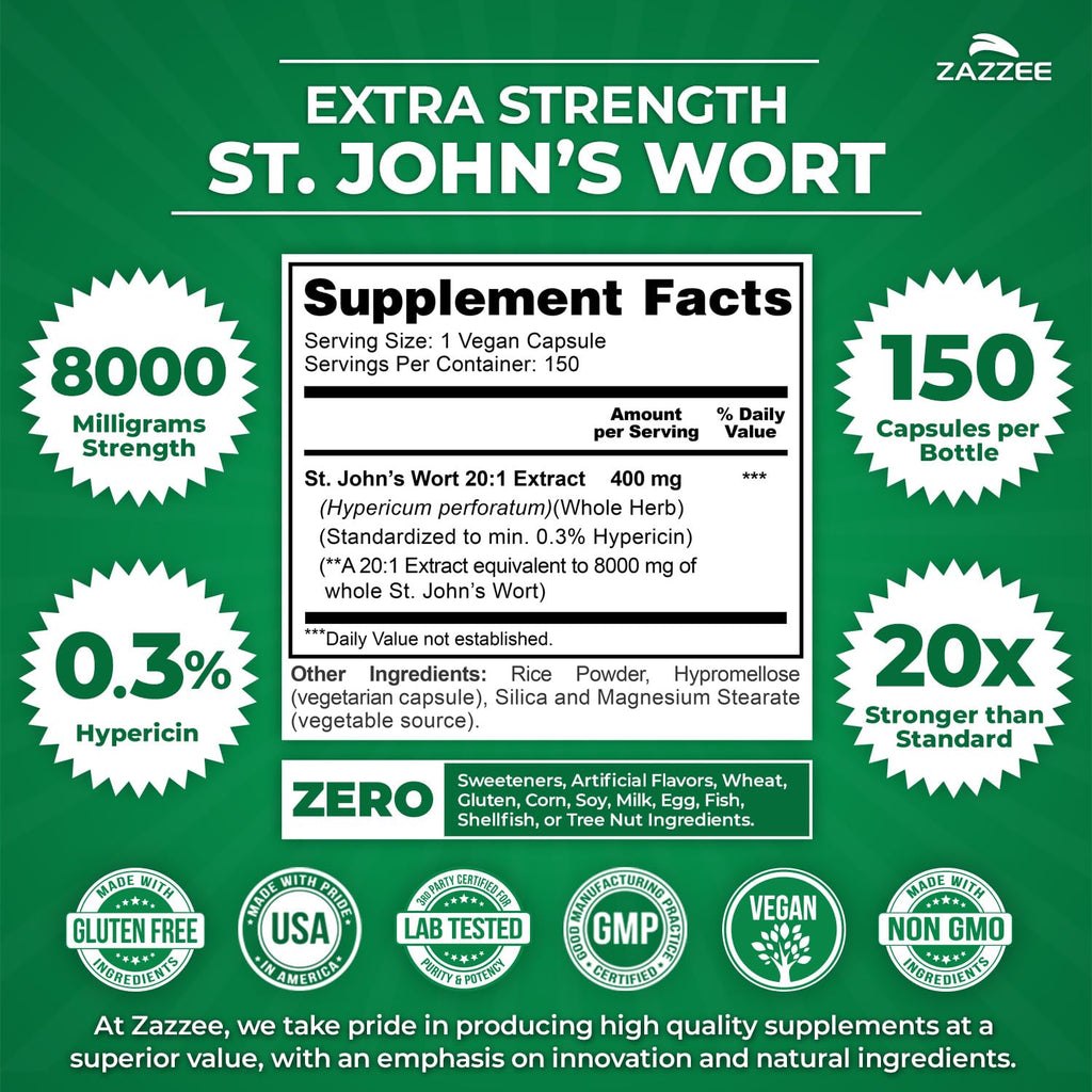 Zazzee Extra Strength St. John’s Wort 20:1 Extract – 8000 mg per Capsule, 150 Vegan Capsules, 5 Month Supply