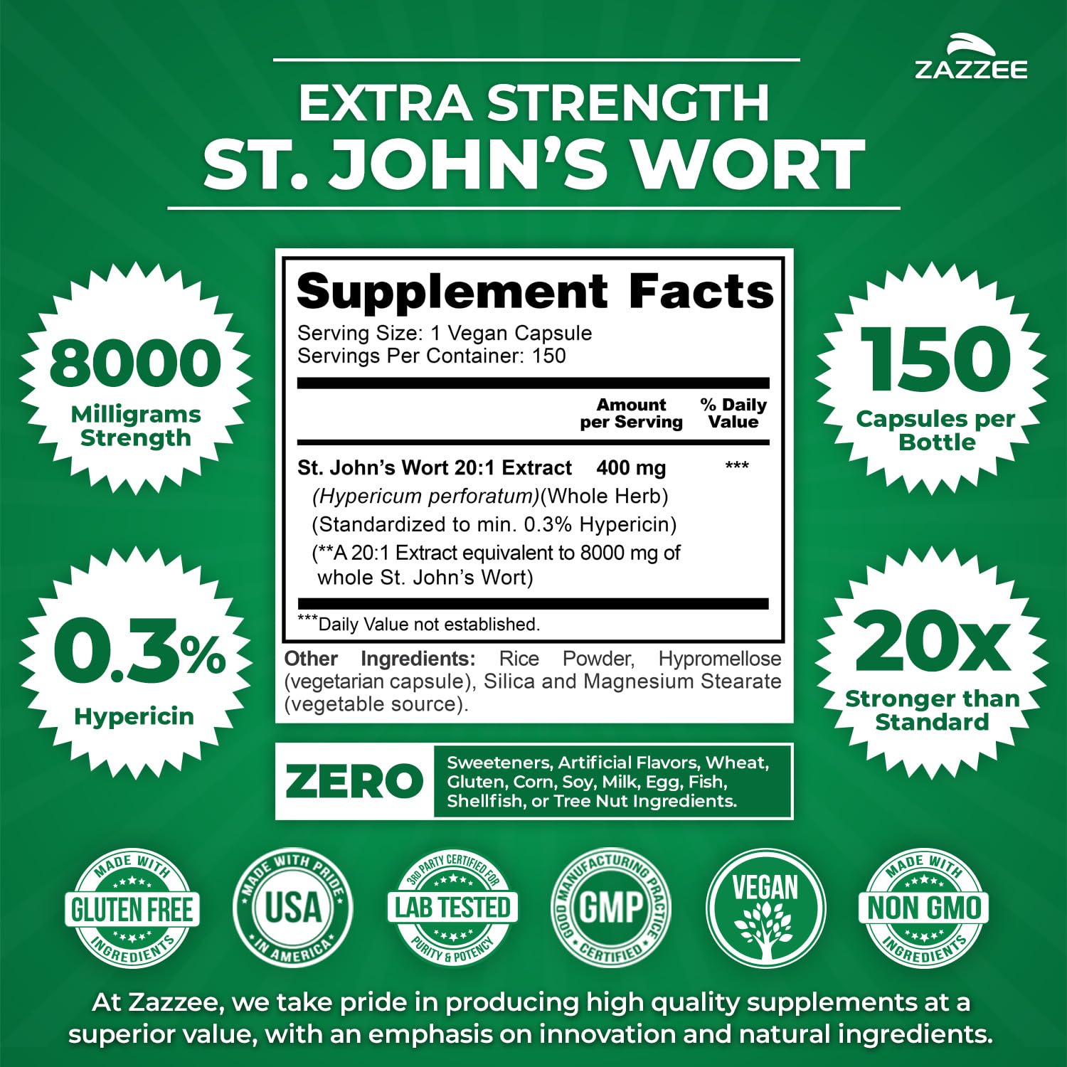 Zazzee Extra Strength St. John’s Wort 20:1 Extract – 8000 mg per Capsule, 150 Vegan Capsules, 5 Month Supply