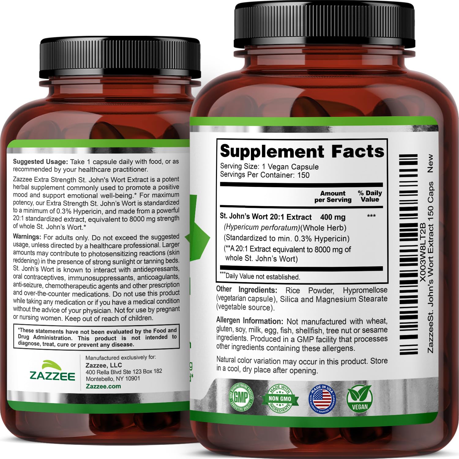 Zazzee Extra Strength St. John’s Wort 20:1 Extract – 8000 mg per Capsule, 150 Vegan Capsules, 5 Month Supply