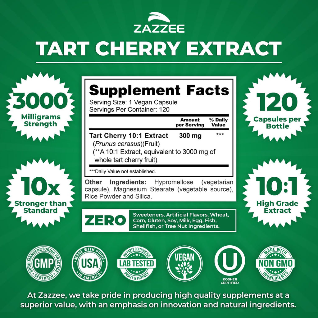 Zazzee Tart Cherry 10:1 Extract – 3000 mg Strength, 120 Vegan Capsules, 4-Month Supply