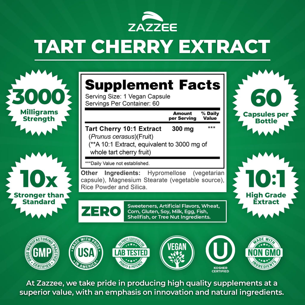 Zazzee Tart Cherry 10:1 Extract – 3000 mg per Capsule, 60 Vegan Capsules, 2-Month Supply, Certified Kosher, Gluten Free, Non-GMO
