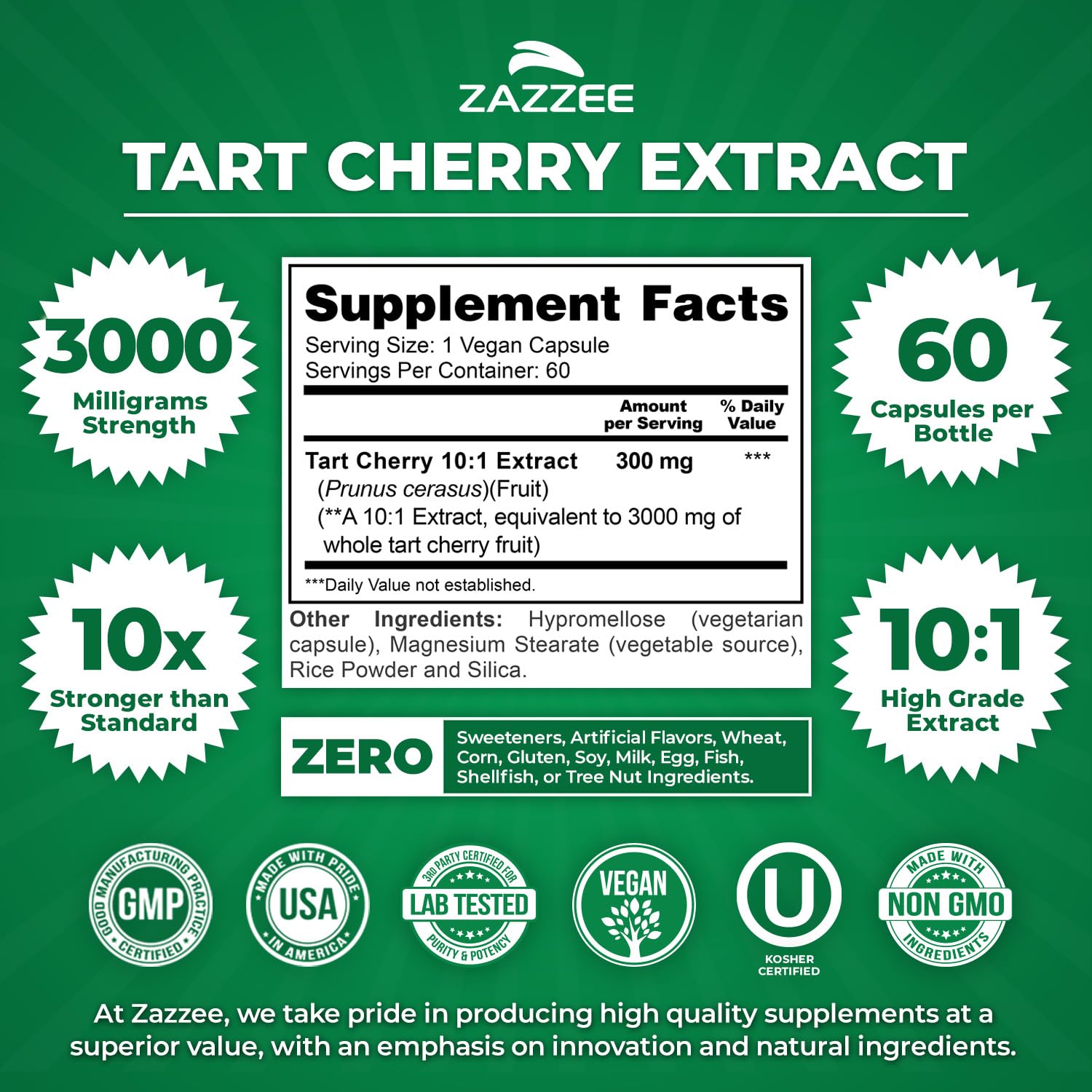 Zazzee Tart Cherry 10:1 Extract – 3000 mg per Capsule, 60 Vegan Capsules, 2-Month Supply, Certified Kosher, Gluten Free, Non-GMO