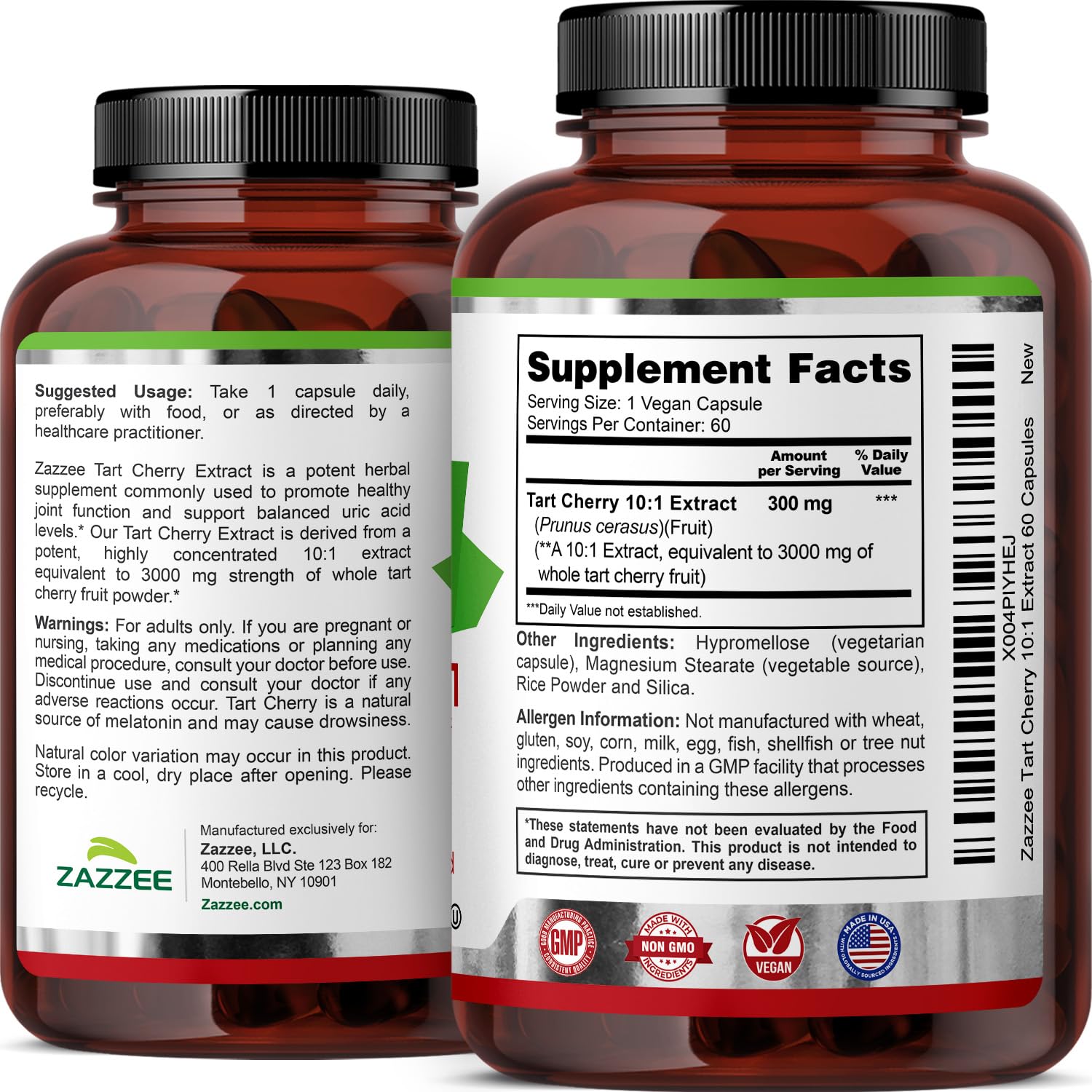 Zazzee Tart Cherry 10:1 Extract – 3000 mg per Capsule, 60 Vegan Capsules, 2-Month Supply, Certified Kosher, Gluten Free, Non-GMO