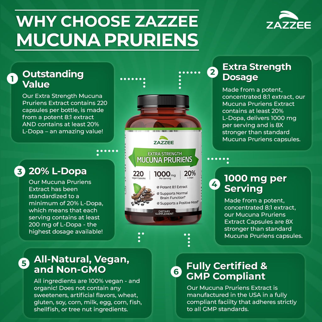Zazzee Extra Strength Mucuna Pruriens 8:1 Extract – 1000 mg, 20% L-DOPA, 220 Veg Capsules, 110 Day Supply