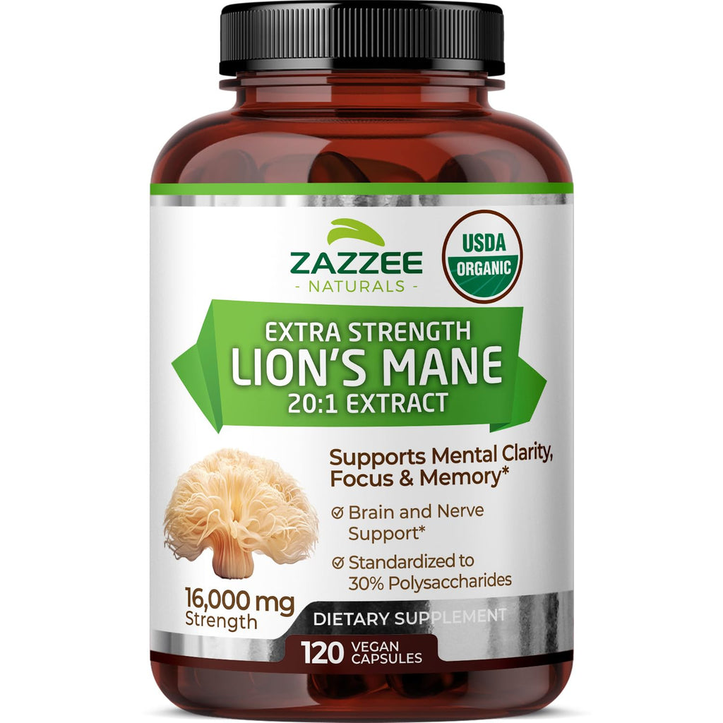 Zazzee USDA Organic Lion's Mane 20:1 Extract – 16,000 mg per Capsule, 120 Vegan Capsules, Made in USA
