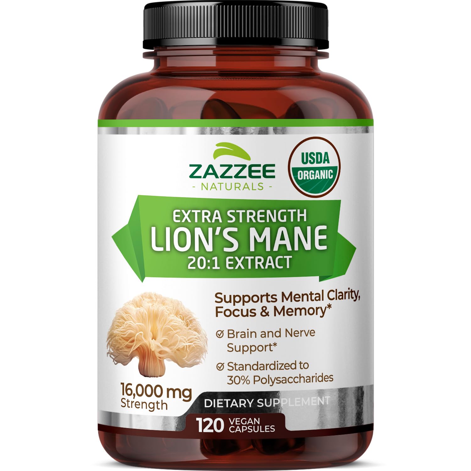 Zazzee USDA Organic Lion's Mane 20:1 Extract – 16,000 mg per Capsule, 120 Vegan Capsules, Made in USA