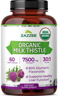 Zazzee USDA Organic Milk Thistle - 30:1 Extract, 7500 mg per Capsule | 60 Vegan Capsules | 80% Silymarin | Made in USA