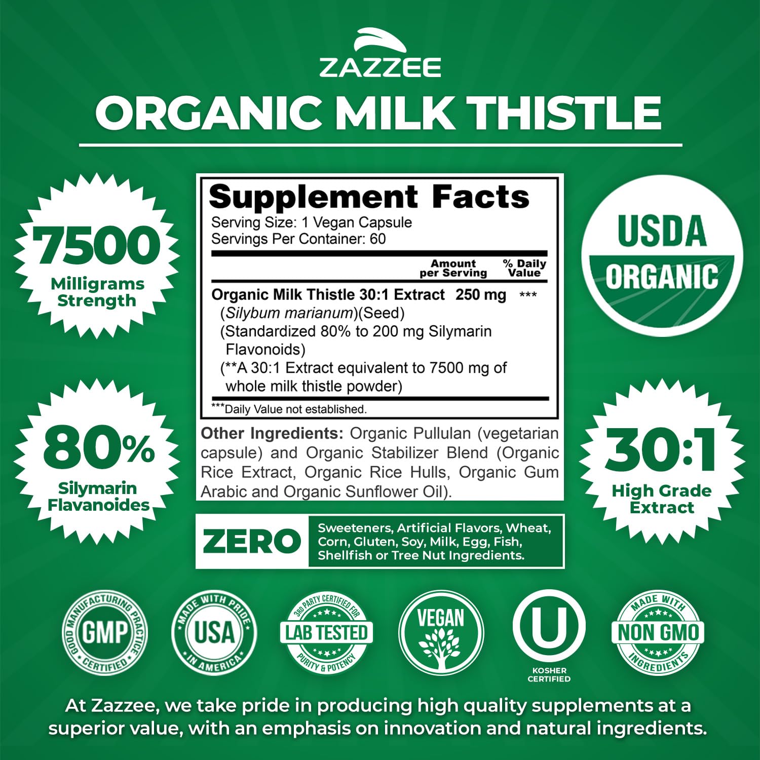 Zazzee USDA Organic Milk Thistle - 30:1 Extract, 7500 mg per Capsule | 60 Vegan Capsules | 80% Silymarin | Made in USA