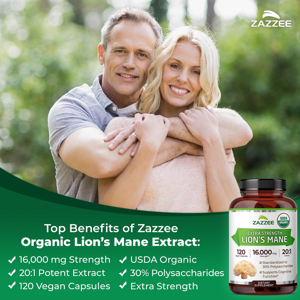 Zazzee USDA Organic Lion's Mane 20:1 Extract – 16,000 mg per Capsule, 120 Vegan Capsules, Made in USA