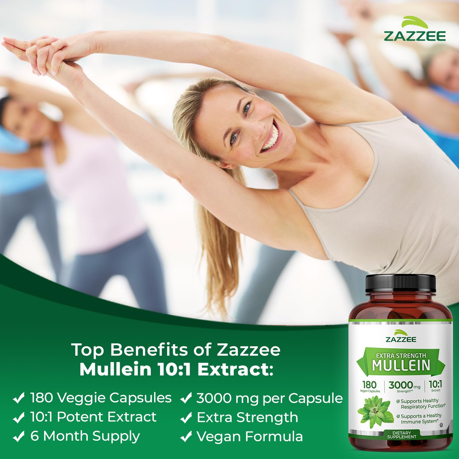 Zazzee Extra Strength Mullein 10:1 Extract – 3000 mg per Capsule, 180 Vegan Capsules, USA Made