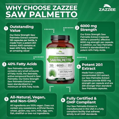 Zazzee Extra Strength Saw Palmetto 20:1 Extract – 6000 mg per Capsule, 4 Month Supply, 40% Fatty Acids, 120 Vegan Capsules, Non-GMO, Made in USA