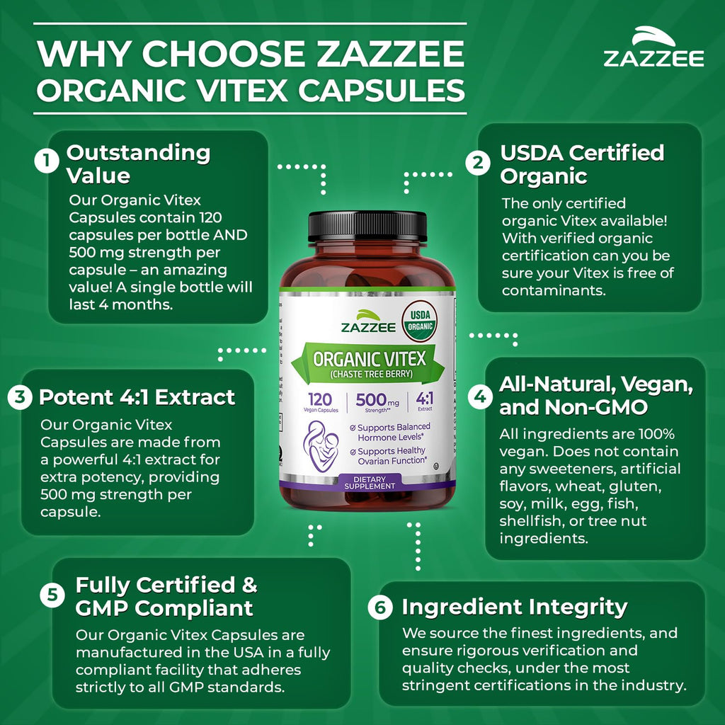 Zazzee USDA Organic Vitex 500 mg | 120 Vegan Capsules | 4-Month Supply