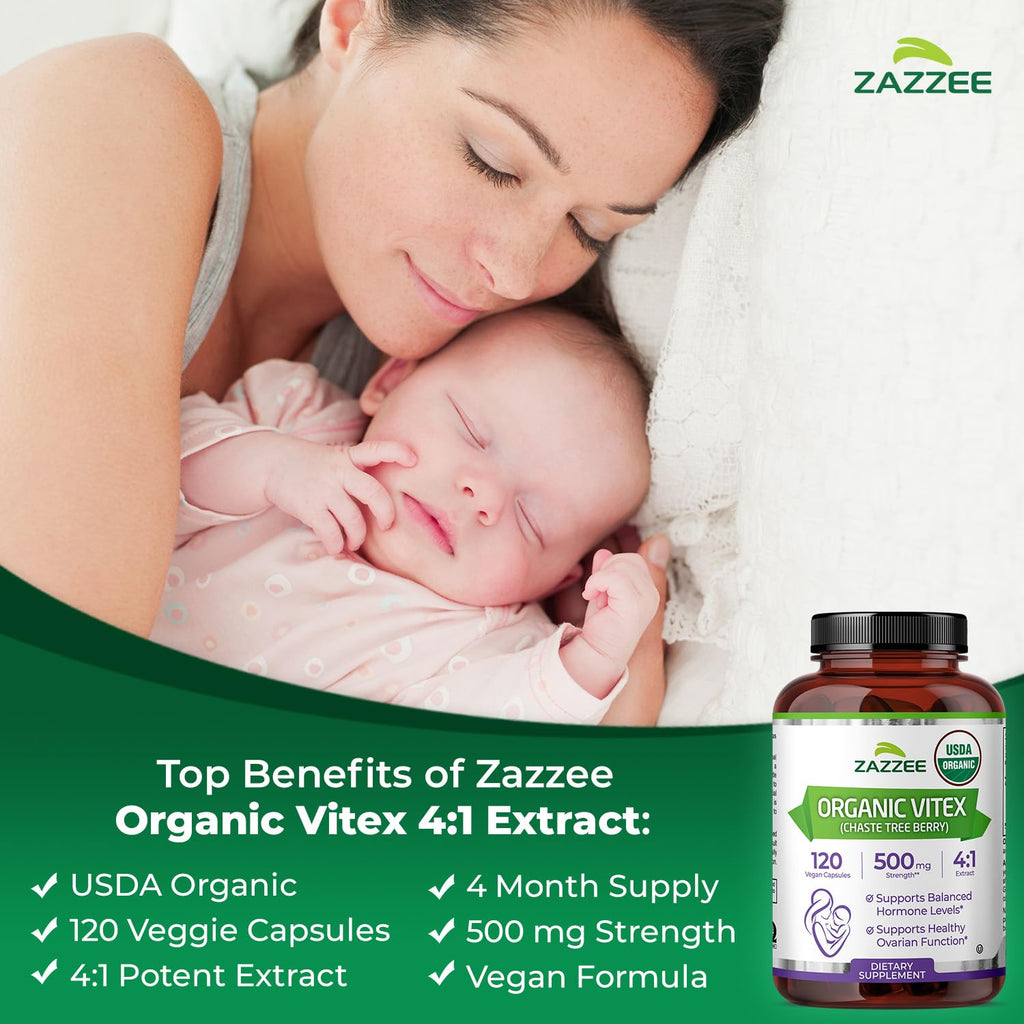 Zazzee USDA Organic Vitex 500 mg | 120 Vegan Capsules | 4-Month Supply