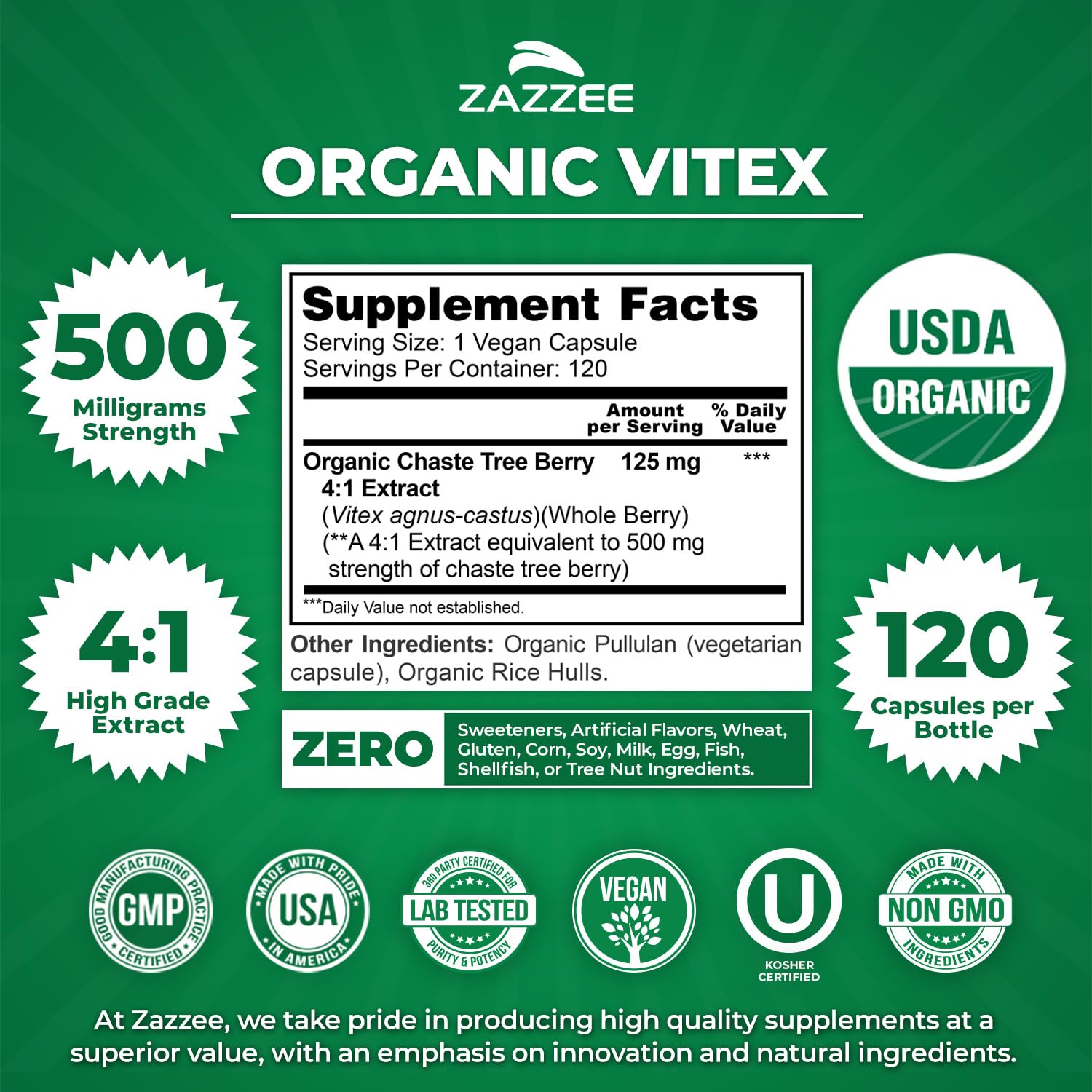 Zazzee USDA Organic Vitex 500 mg | 120 Vegan Capsules | 4-Month Supply