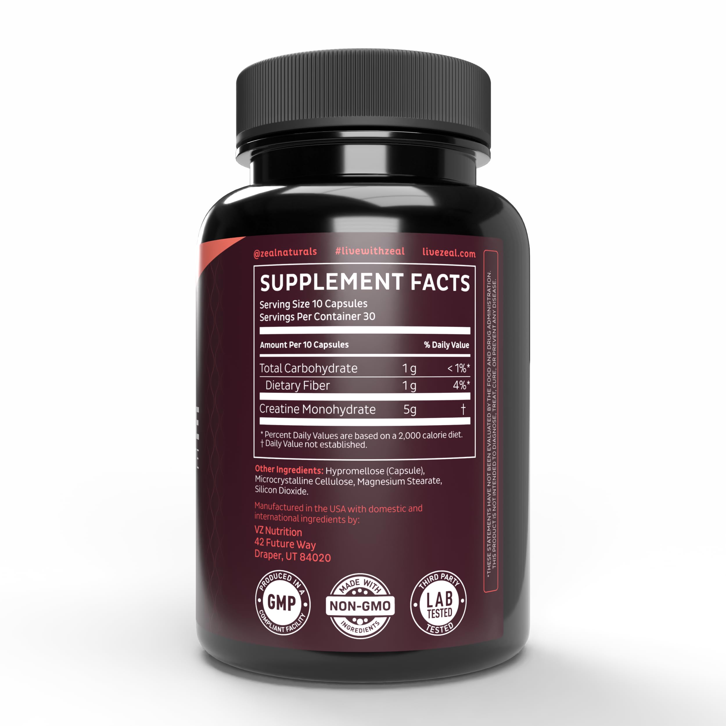 Zeal Creatine Monohydrate - 300 Capsules, Unflavored | Creatine Supplement
