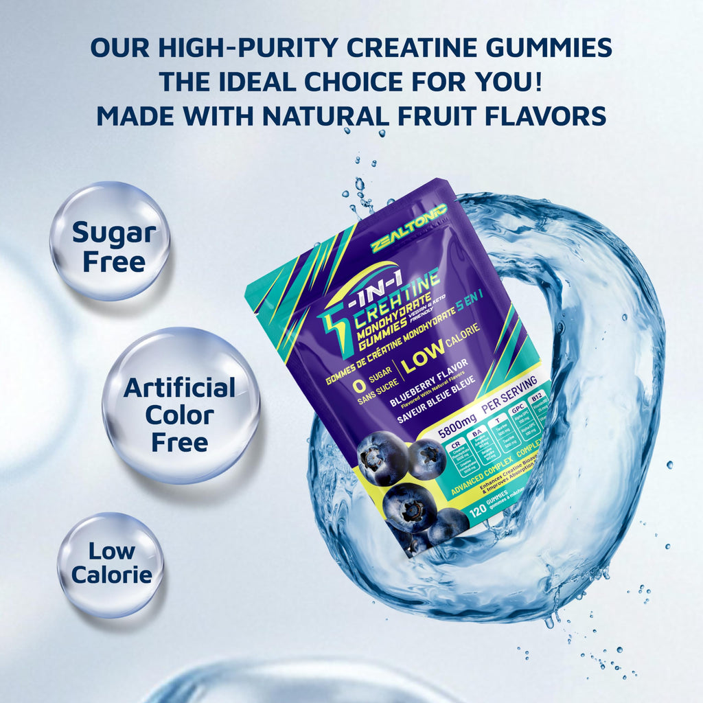 Zealtonic Creatine Monohydrate Gummies 5800mg with Betaine & Alpha GPC | 0 Sugar | 120 Blueberry