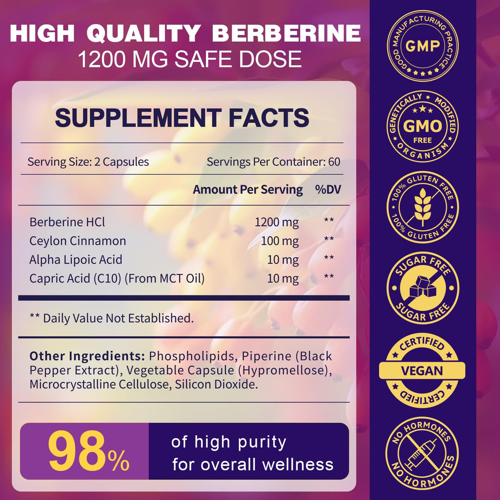 ZEBORA Berberine HCl 1200 mg – GLP-1 Support, Cinnamon, ALA, Capric Acid, 120 Capsules