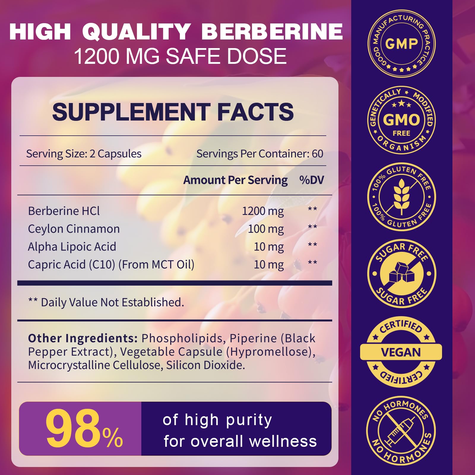 ZEBORA Berberine HCl 1200 mg – GLP-1 Support, Cinnamon, ALA, Capric Acid, 120 Capsules