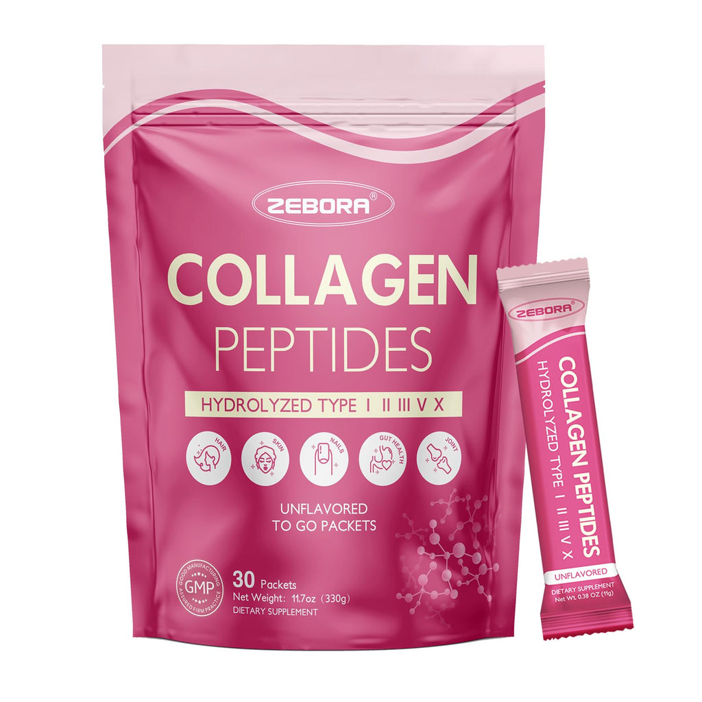 ZEBORA Multi Collagen Peptides Packets with Hyaluronic Acid, Biotin, MCT – 30 Stick Packs