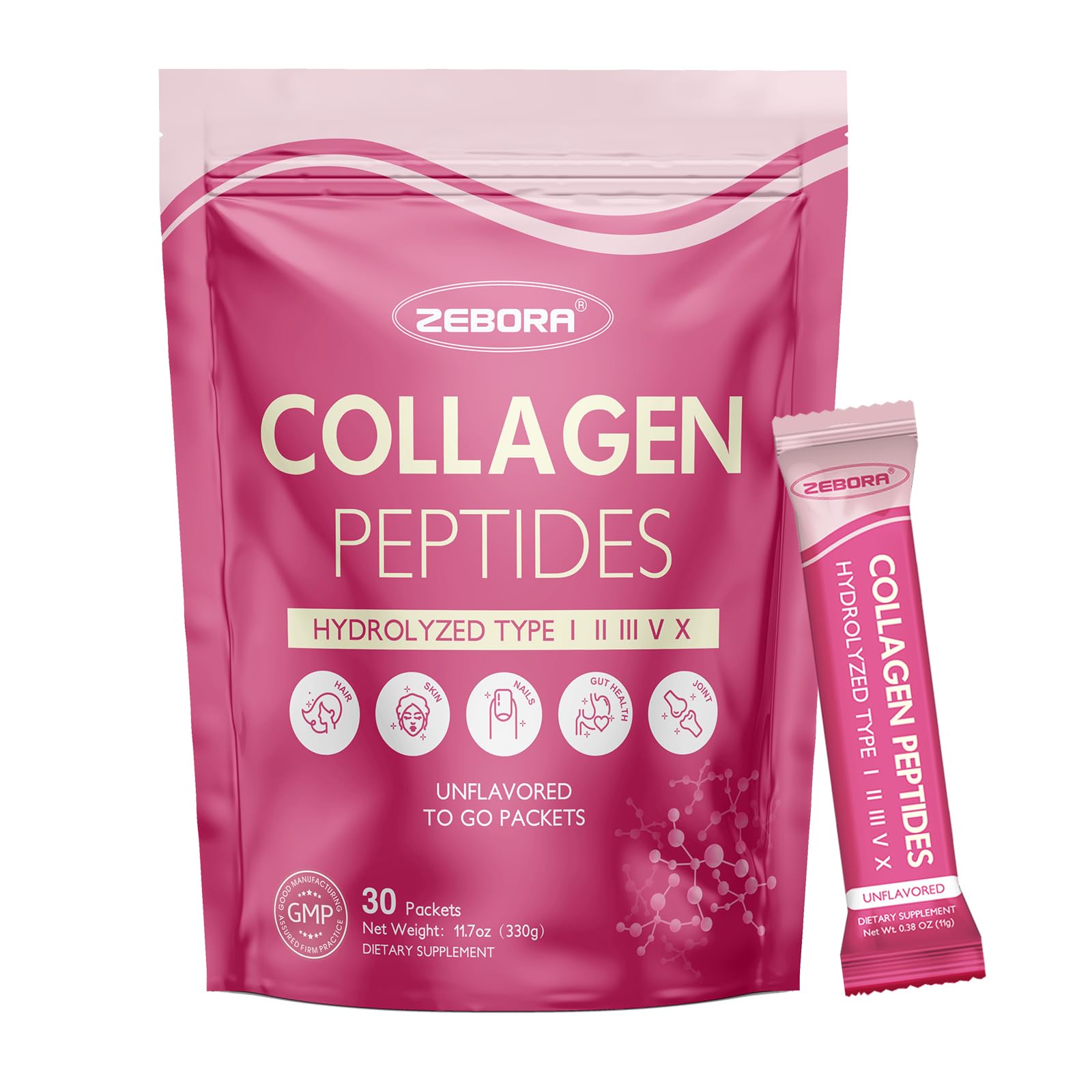 ZEBORA Multi Collagen Peptides Packets with Hyaluronic Acid, Biotin, MCT – 30 Stick Packs